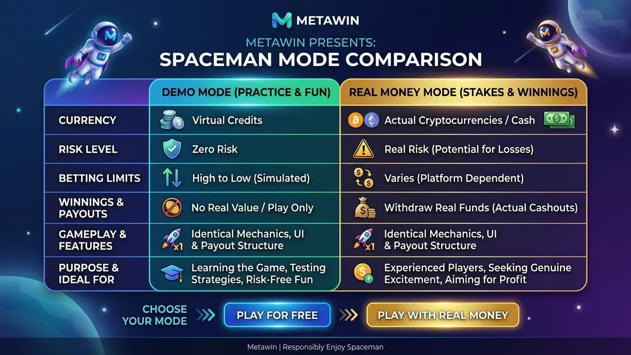 Comparison of Spaceman demo and real money mode features