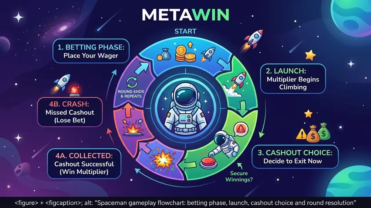 Spaceman gameplay flowchart: betting phase, launch, cashout choice and round resolution