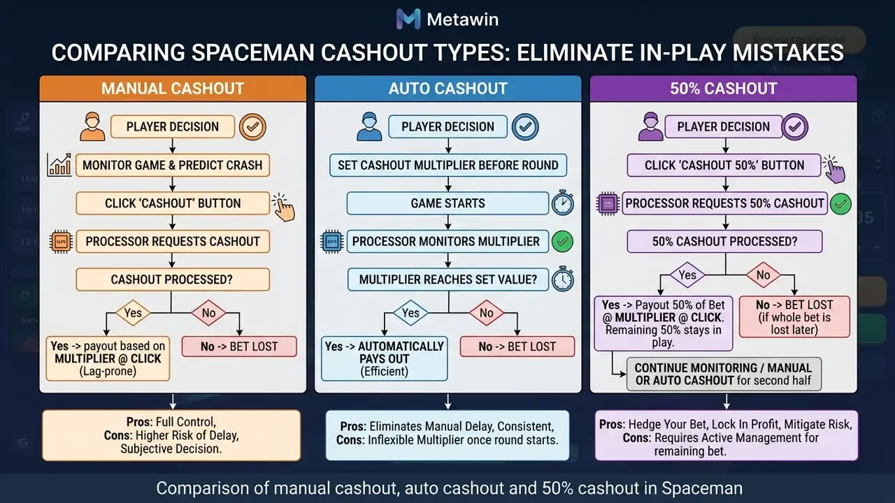 Comparison of manual cashout, auto cashout and 50% cashout in Spaceman