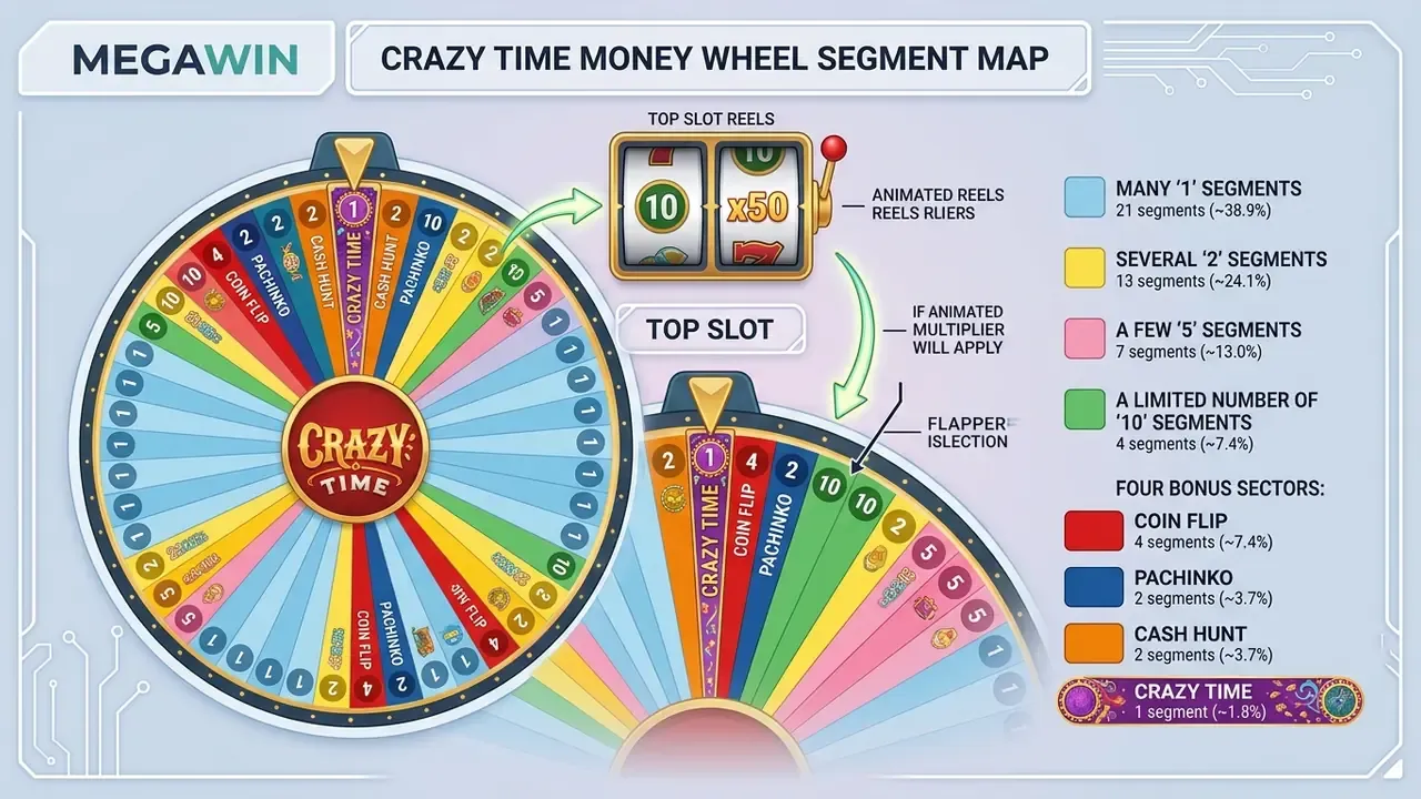 Crazy Time money wheel and bonus sectors, 54 segment distribution