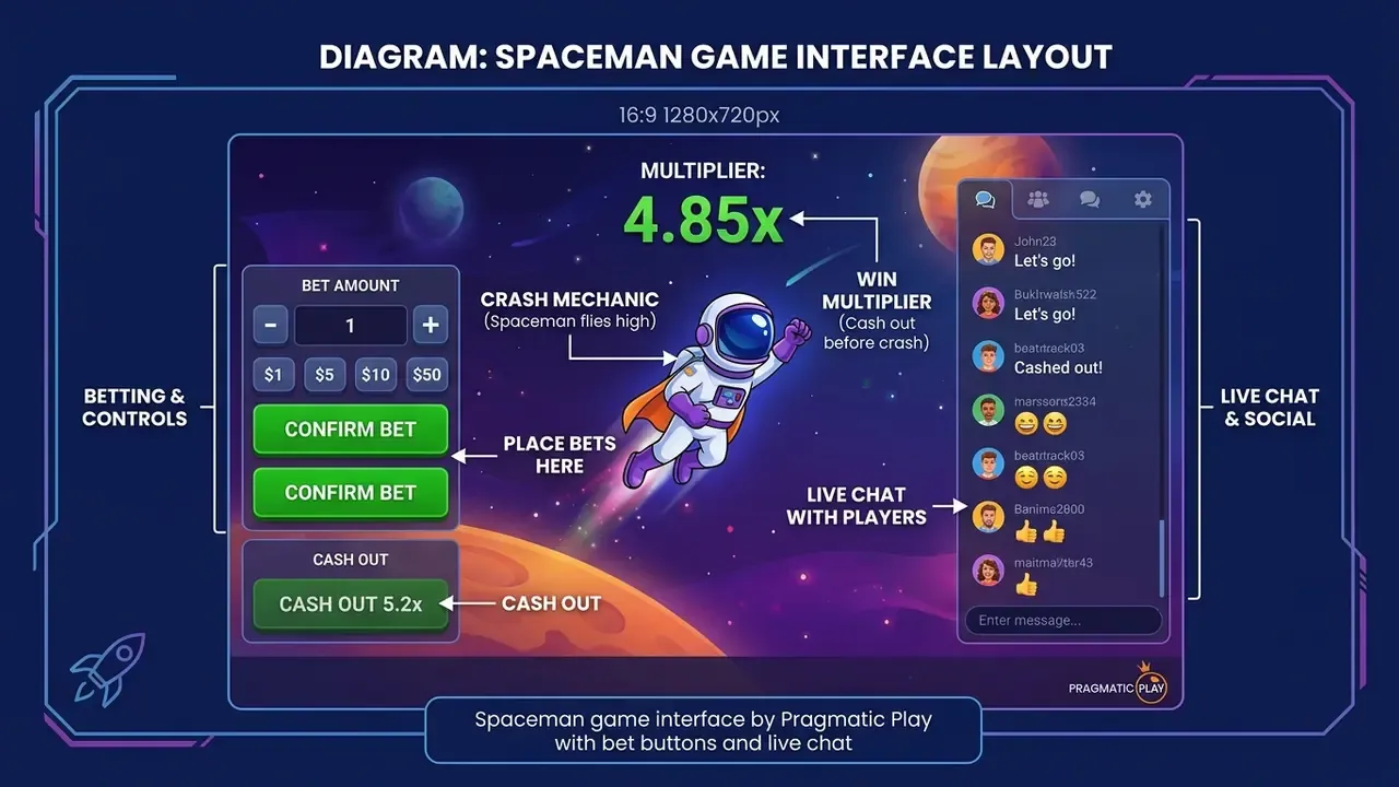 Spaceman game interface by Pragmatic Play with bet buttons and live chat